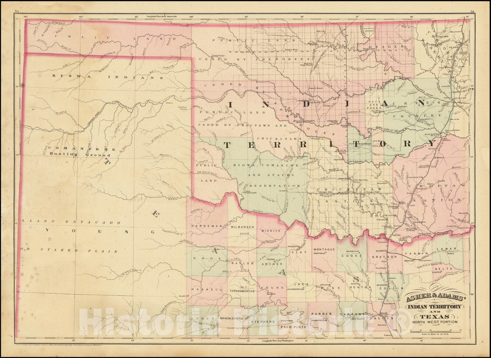 Historic Map : Asher & Adams' Indian Territory, 1874, Vintage Wall Art