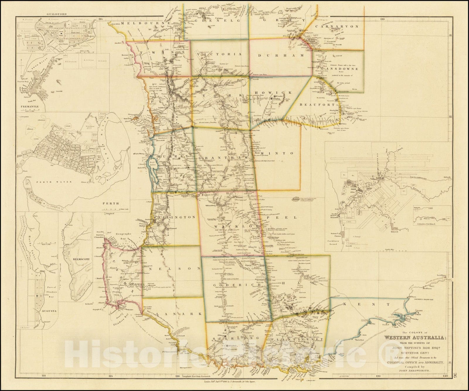 Historic Map : The Colony of Western Australia;From The Surveys of John Septimus Roe Esqr. Surveyor Genl. And from other Official Documents in the Colonial Office and Admiralty, 1839, 1843, Vintage Wall Art