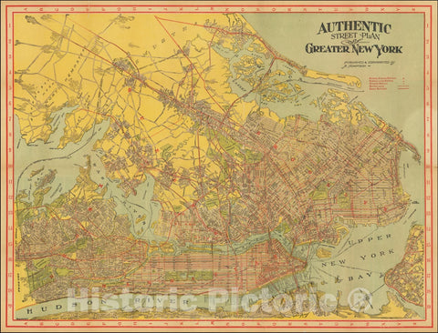 Historic Map : Authentic Street Plan of Greater New York , with ethnic joke book advertising on inner panels, 1910, Vintage Wall Art