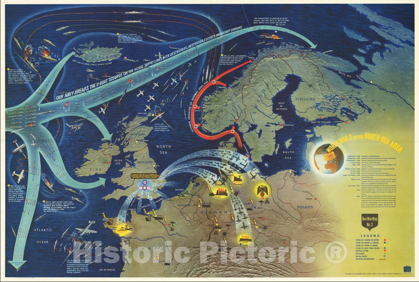 Historic Map : World War II in the North Sea Area, 1944, Vintage Wall Art