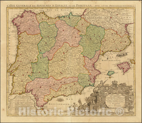 Historic Map : Carte Generale des Royaumes D'Espagne & de Portugal Avec Leurs Principales Divisions,, shows Balearic Islands, 1720, Vintage Wall Art