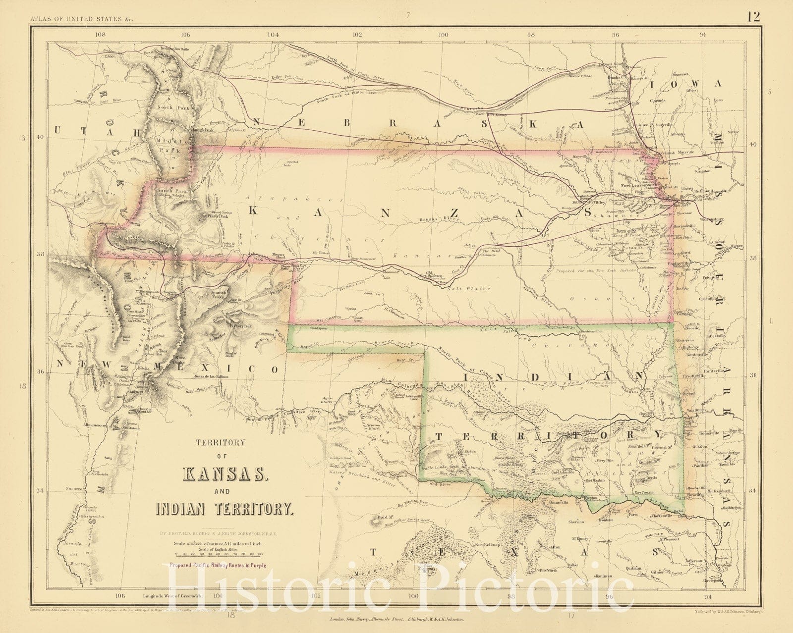 Historic Map : Territory of Kansas and Indian Territory , 1857, Vintage Wall Art