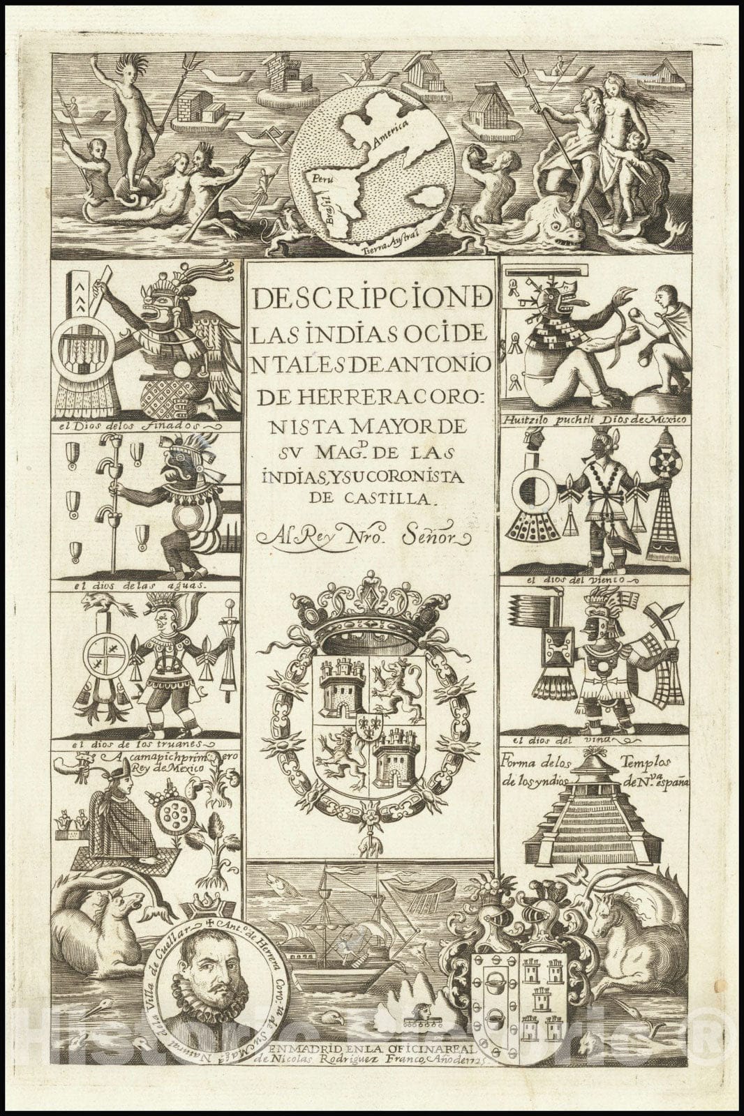 Historic Map : Title Page,Descripcion De Las Indias Ocidentales De Antonio De Herrera Coronisgta Major De Su Magd. de las Indias, y su Coronista de Castilla, 1725, Vintage Wall Art