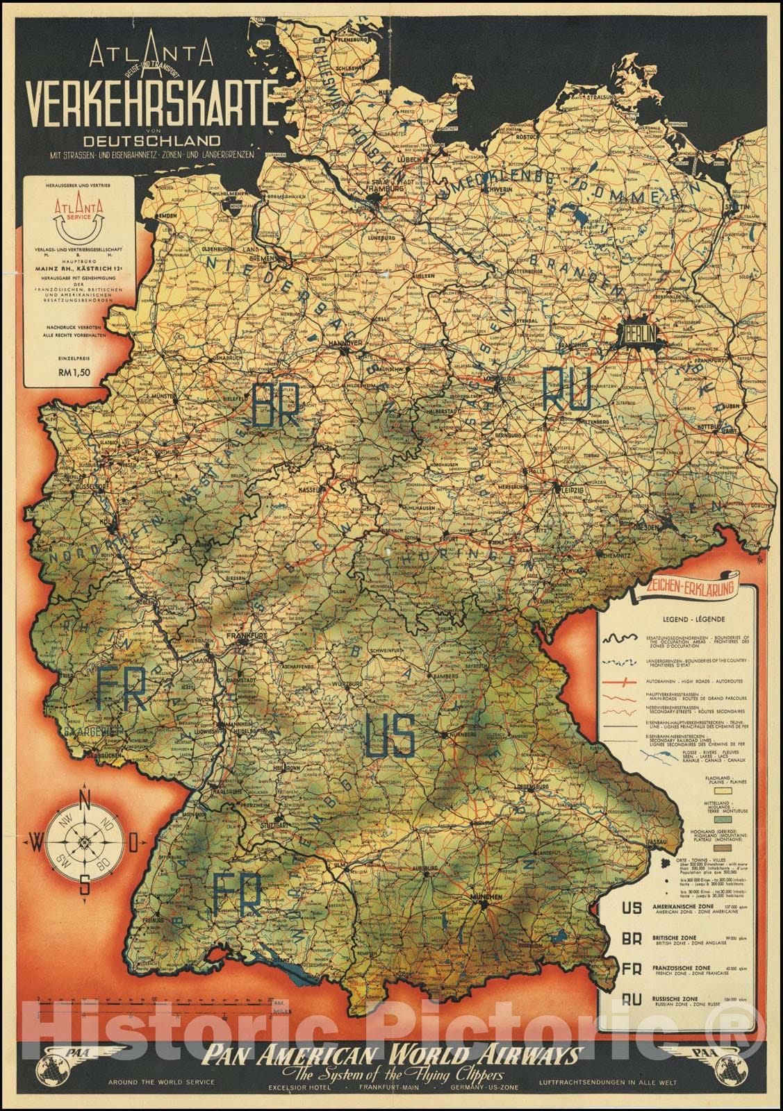 Historic Map : Pan American Airways Advertising Map -- Occupied Germany, 1946 v1, Vintage Wall Art