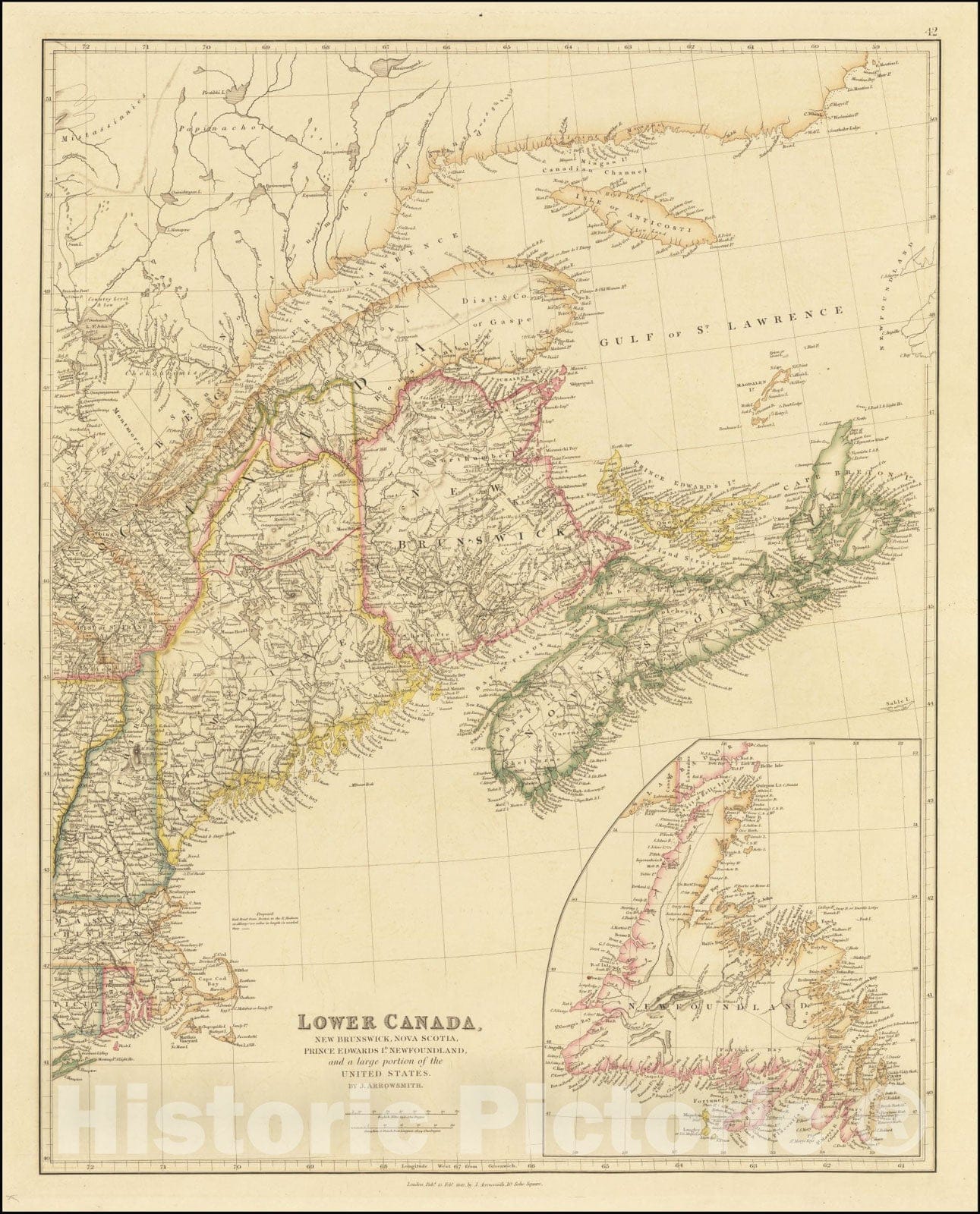 Historic Map : Lower Canada, New Brunswick, Nova Scotia, Prince Edward Id., Newfoundland, and a large portion of the United States, 1842, Vintage Wall Art