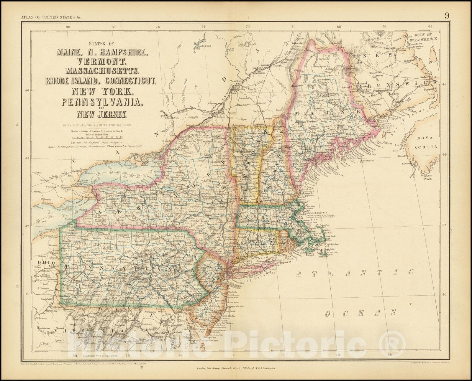Historic Map : States of Maine, N. Hampshire, Vermont, Massachusettes, Rhode Island, Connecticut, New York, Pennsylvania, and New Jersey, 1857, Vintage Wall Art