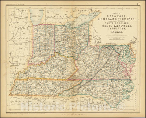 Historic Map : States of Delaware, Maryland, Virginia,  with District of Columbia, 1857, Vintage Wall Art