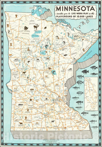 Historic Map : Minnesota invites you to Live-Work-Play in the Playground of 10,000 Lakes, 1935, Vintage Wall Art