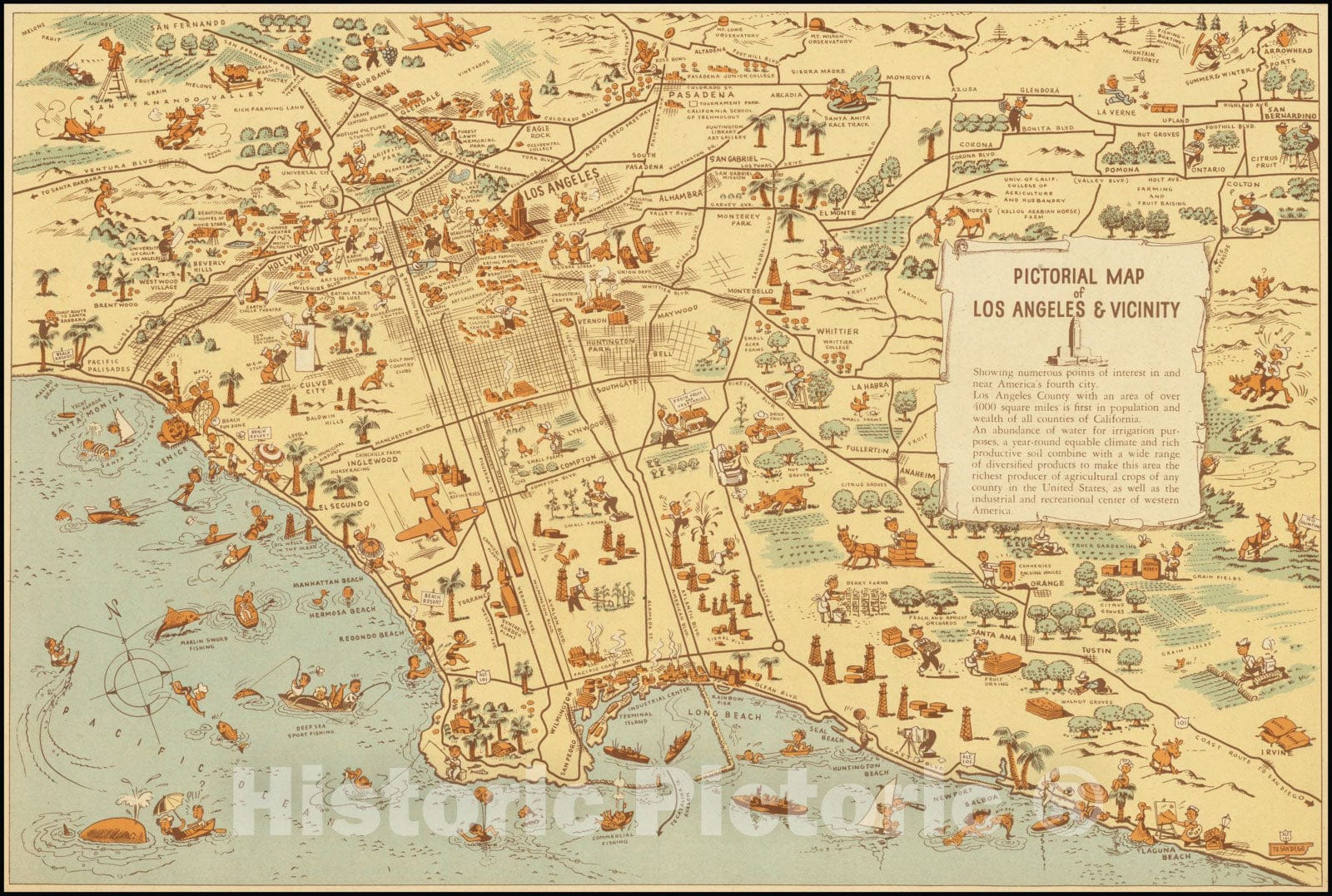 Historic Map : Pictorial Los Angeles & Vicinity - Pictorial Map Metropolitan Area - California the Golden State, 1940, Vintage Wall Art