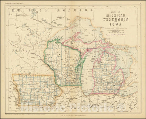 Historic Map : States of Michigan, Wisconsin, and Iowa, 1857, Vintage Wall Art