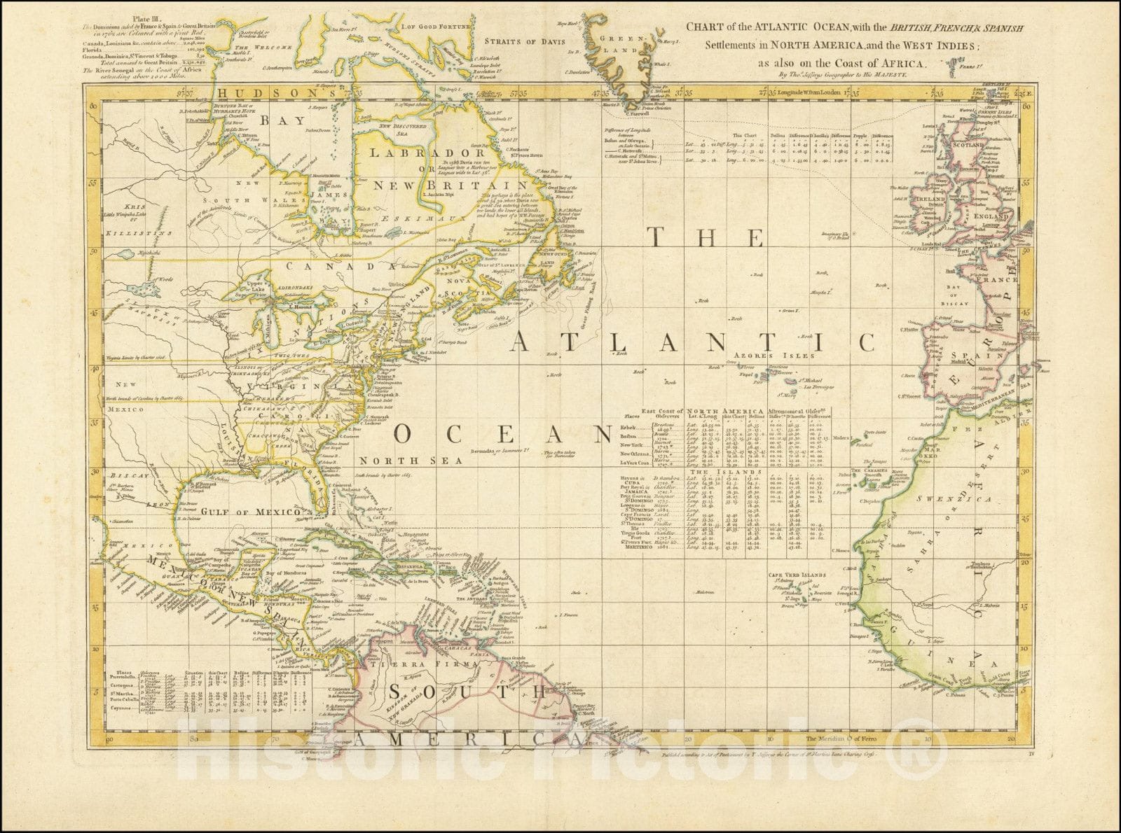 Historic Map : Chart of the Atlantic Ocean, with the British, French & Spanish Settlements in North America, and the West Indies,1753 (1768), Vintage Wall Art