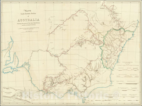 Historic Map : South Eastern Portion of Australia Shewing the routes of the three Expeditions and surveyed territory., 1838, Vintage Wall Art