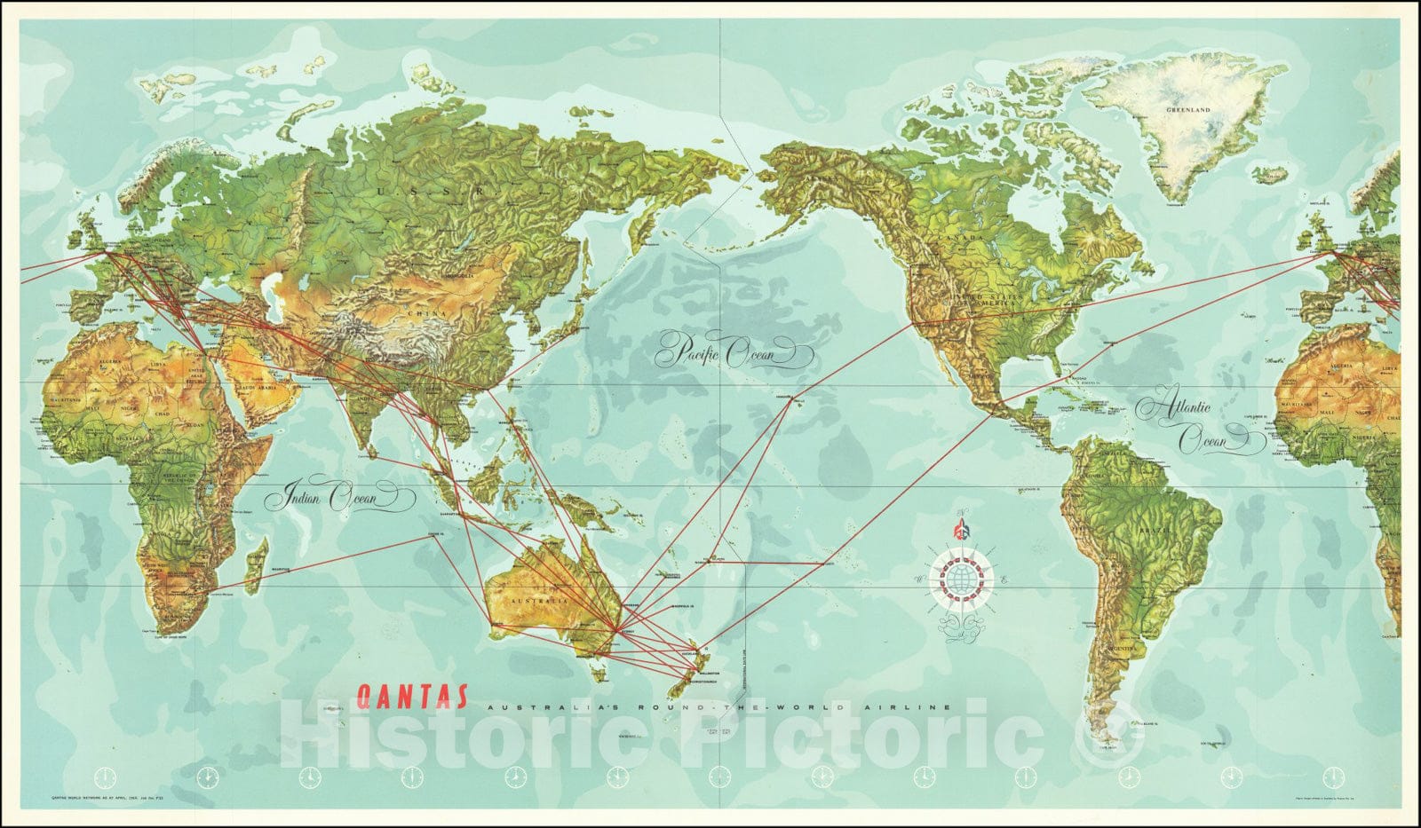 Historic Map : World,Qantas Australia's Round-The-World Airline, 1966, Vintage Wall Art