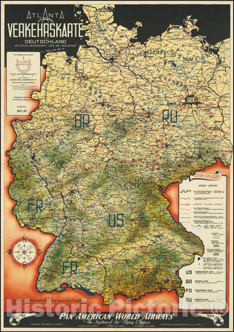 Historic Map : Pan American Airways Advertising Map -- Occupied Germany, 1946 v2, Vintage Wall Art