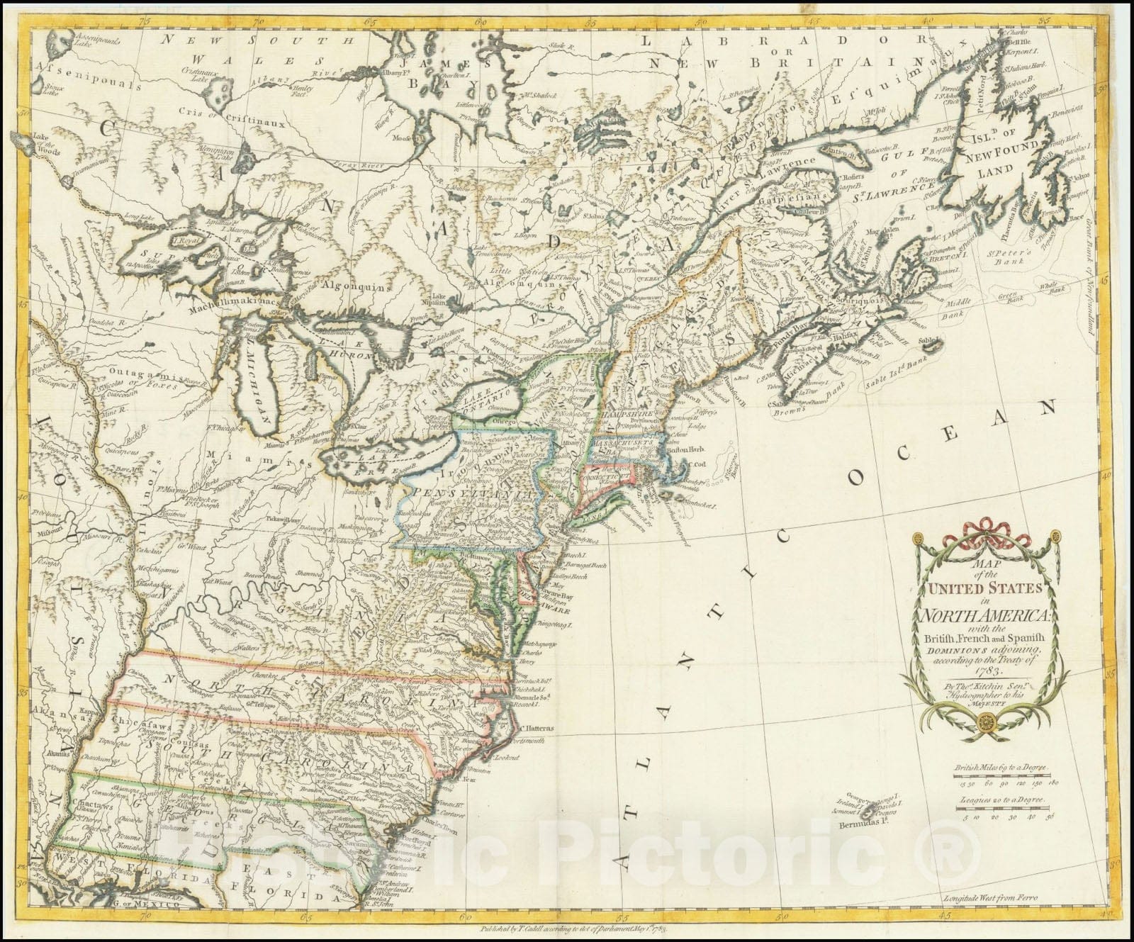 Historic Map : United States in North America:with the British, French and Spanish Dominions adjoining, according to the Treaty of 1783., 1783 v1, Vintage Wall Art