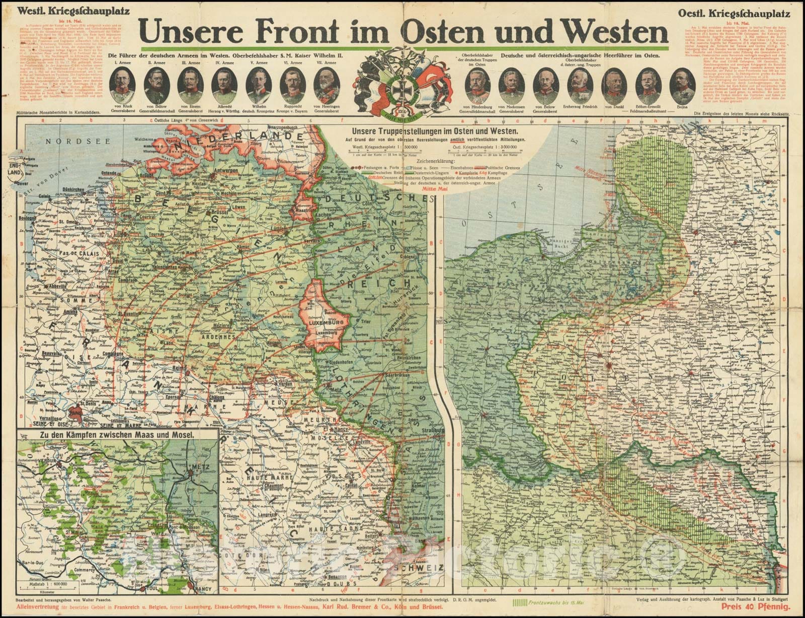 Historic Map : World War I] Unsere Front im Osten un Westen,1915 (May 18) , Vintage Wall Art