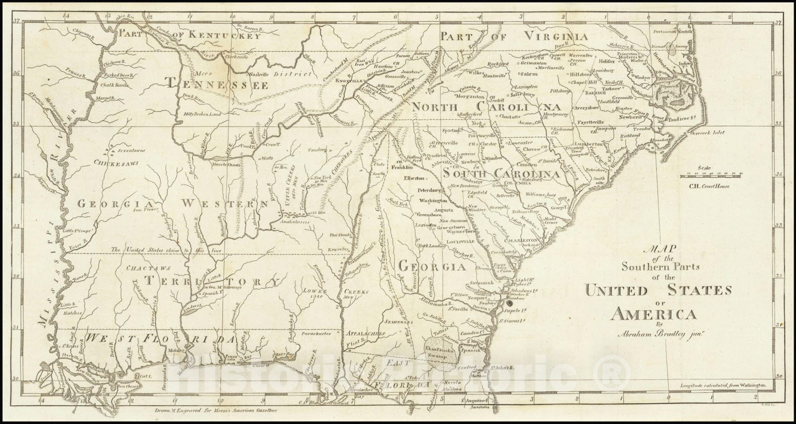 Historic Map : Southern Parts of the United States of America By Abraham Bradley Junr., 1797, Vintage Wall Art