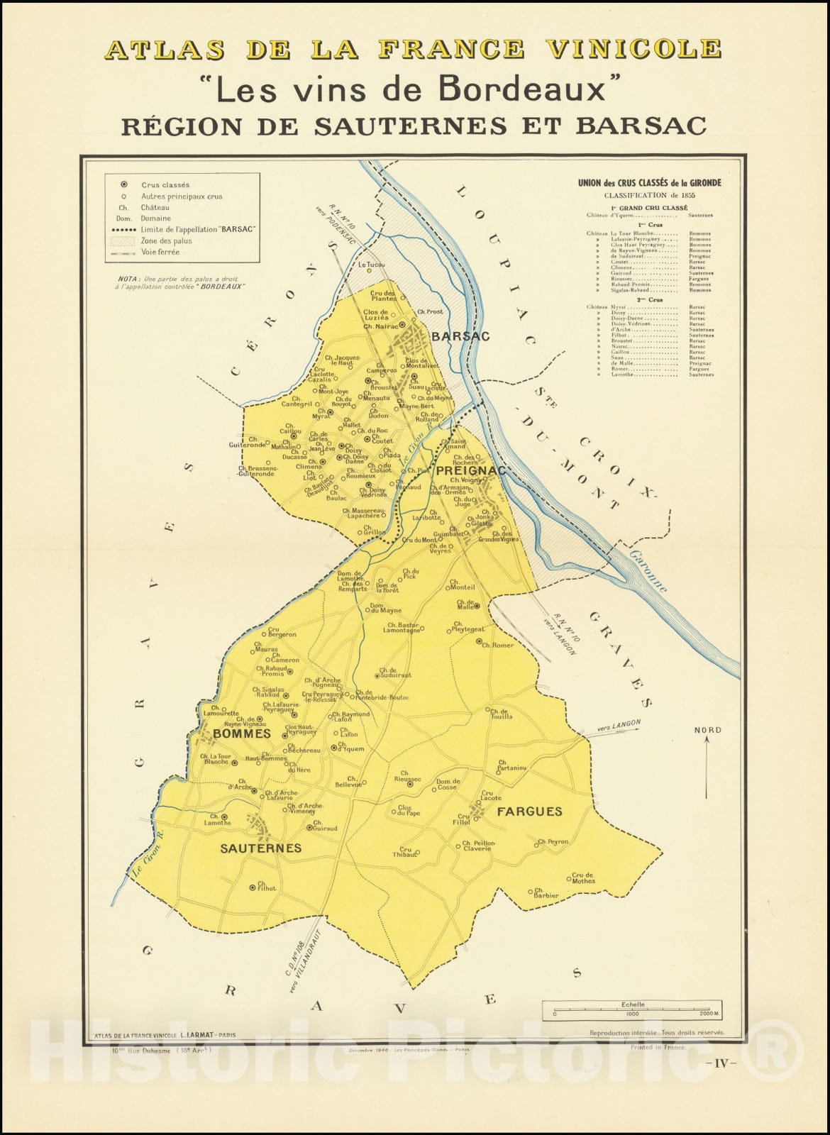 Historic Map : Les vins de Bordeaux Region de Sauternes et Barsac, 1940, Vintage Wall Art