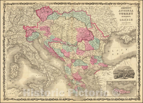 Historic Map : Johnson's Austria Turkey in Europe and Greece, 1863, Vintage Wall Art