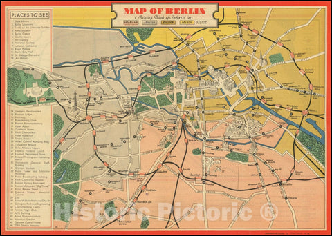 Historic Map : Berlin Showing Points of Interest in American English Russian French Sector, 1945, Vintage Wall Art