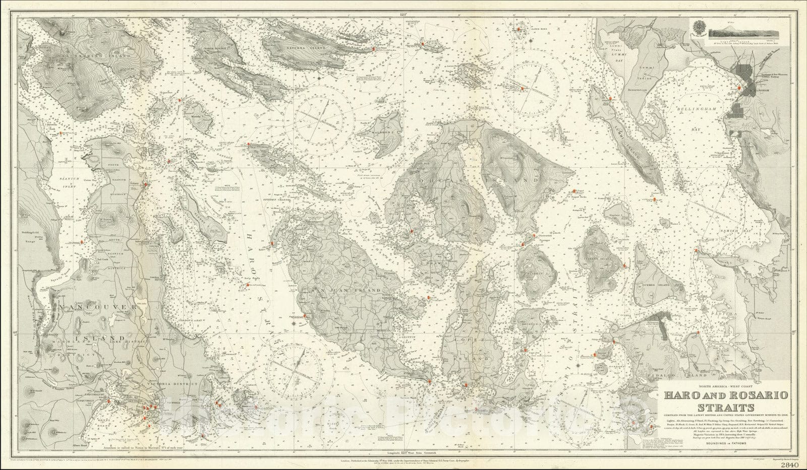 Historic Map : San Juan Islands To Bellingham and Victoria, BC,Haro and Rosario Straits Compiled From The Latest British and United States Government Surveys to 19-9,1911 (1920), Vintage Wall Art