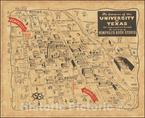 Historic Map : The Campus of The University of Texas.Austin, Texas.Map Originated and Distributed by Hemphill's Book Stores, 1945, Vintage Wall Art