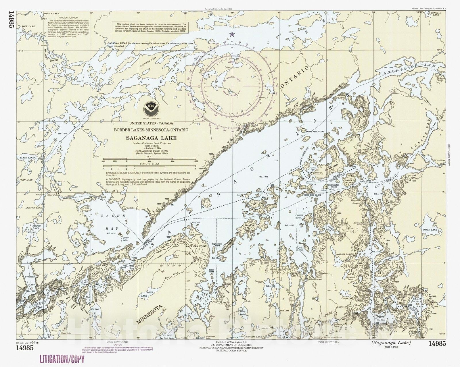 Historic Nautical Map - Saganaga Lake, MN, 1991 NOAA Chart - Vintage Wall Art