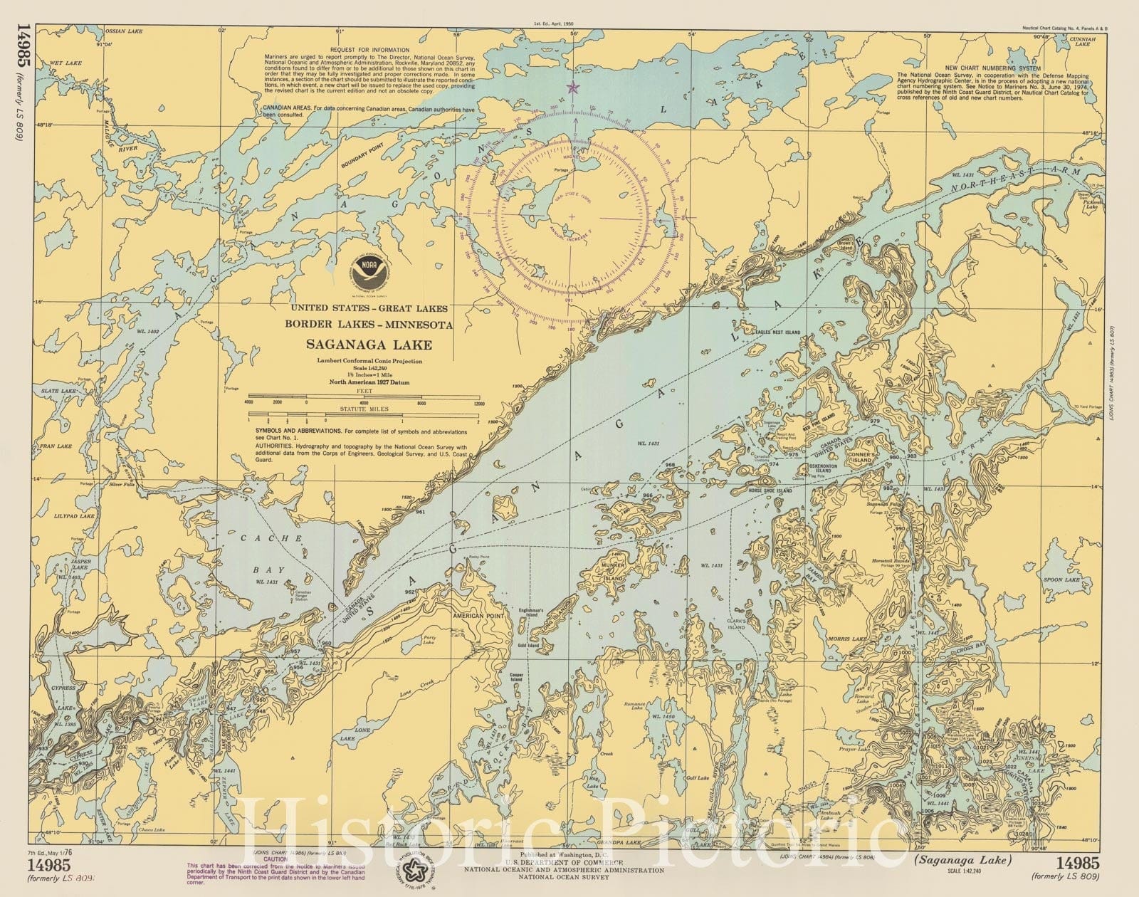 Historic Nautical Map - Saganaga Lake, MN, 1976 NOAA Chart - Vintage Wall Art