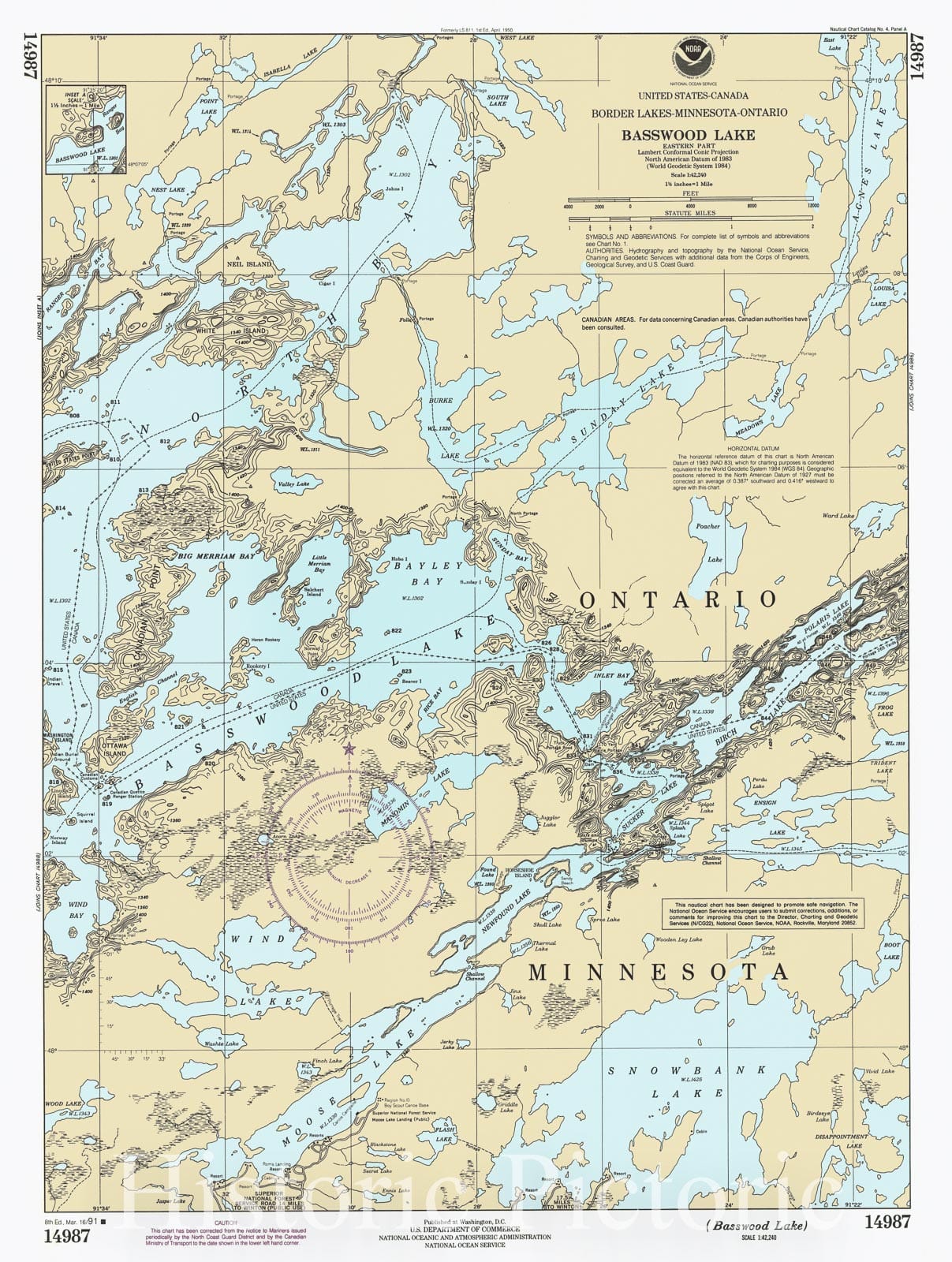 Historic Nautical Map - Basswood Lake, MN, 1991 NOAA Chart - Vintage Wall Art