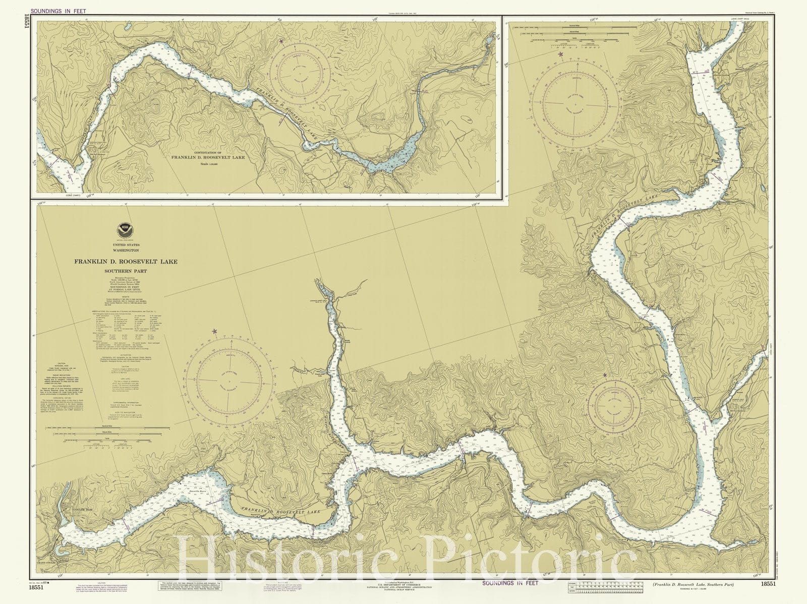 Historic Nautical Map - Franklin D Roosevelt Lake Southern Part, WA, 1989 NOAA Chart - Vintage Wall Art