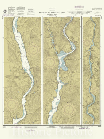 Historic Nautical Map - Franklin D Roosevelt Lake Northern Part, WA, 1990 NOAA Chart - Vintage Wall Art