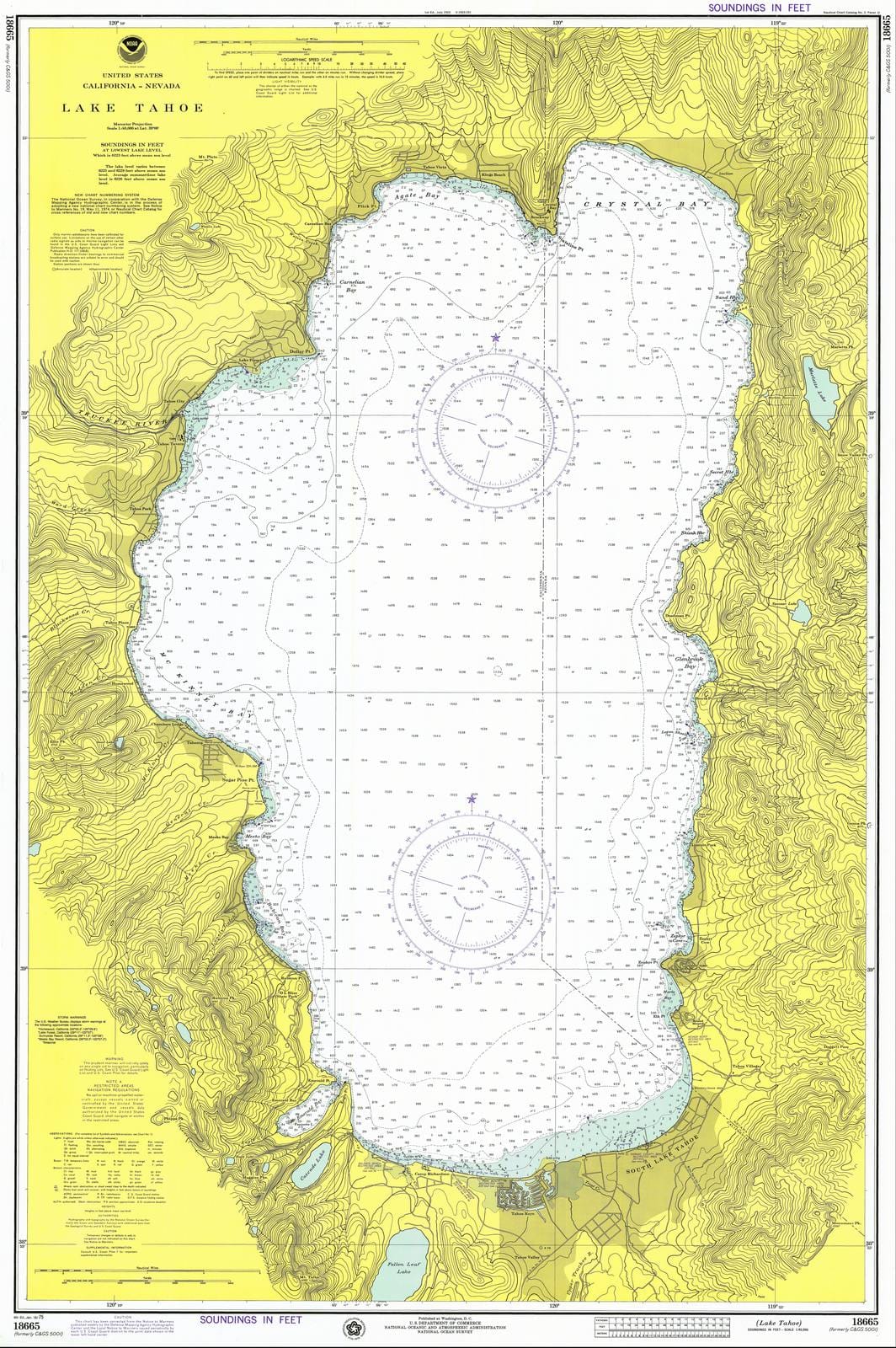 Historic Nautical Map - Lake Tahoe, NV, CA, 1975 NOAA Chart - Vintage Wall Art