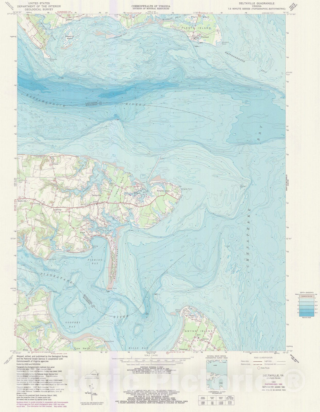 Historic Nautical Map Deltaville, VA, 1986 NOAA Topographic Bathymet