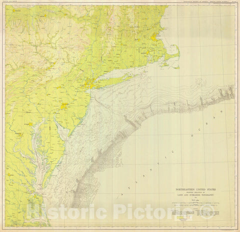 Historic Nautical Map - Northeastern United States Showing Relation Of Land And Submarine Topography, MA, NC, NY, PA, 1939 NOAA Bathymetric Historic Nautical Map - Vintage Wall Art