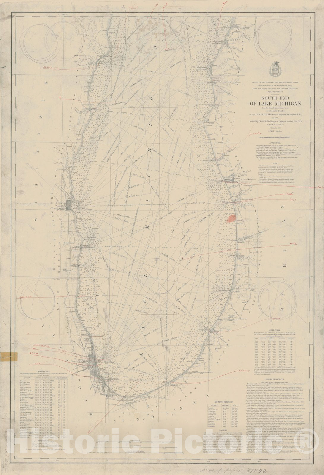 Historic Nautical Map - South End Of Lake Michigan, MI, WI, 1876 NOAA Chart - Vintage Wall Art