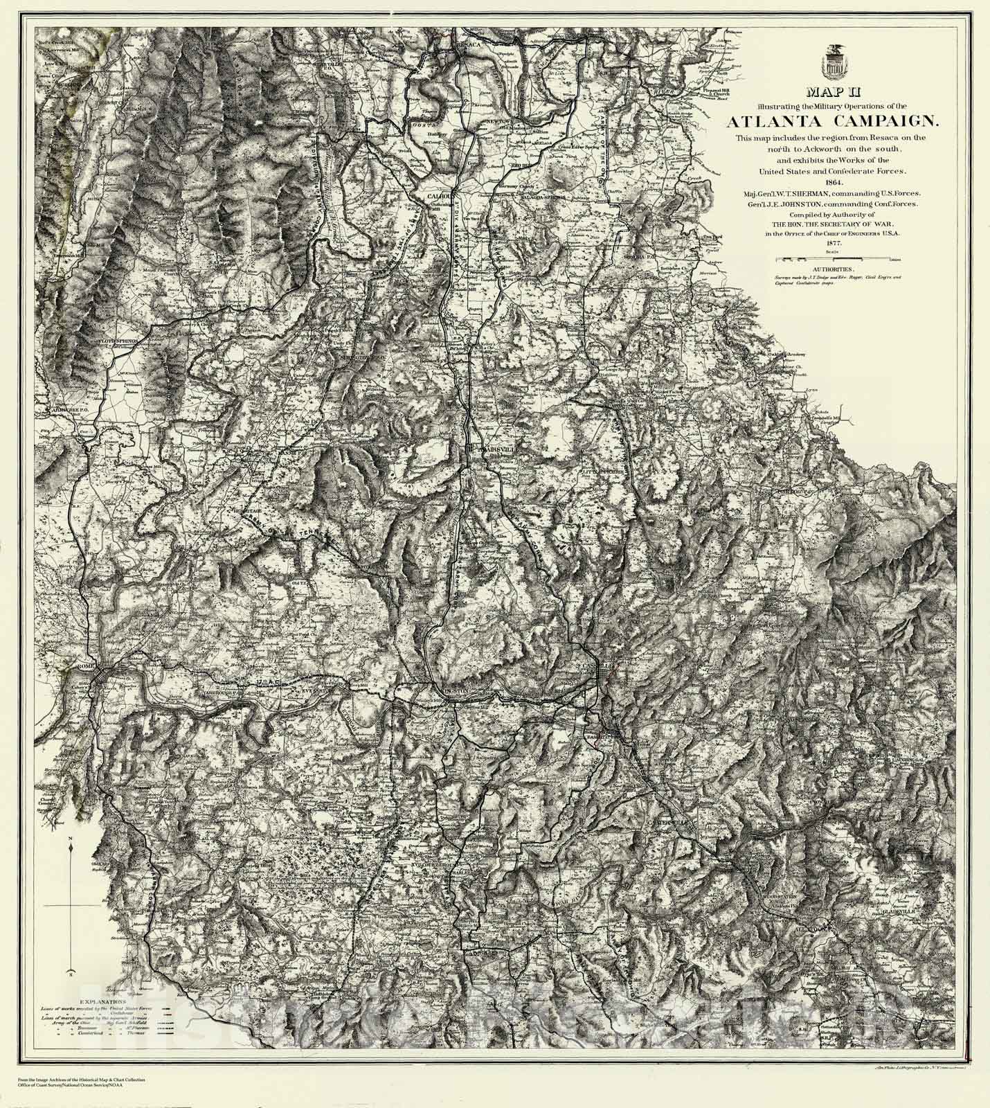 Historic Nautical Map - Atlanta Campaign, Region From Resaca To Ackworth, 2 Of 5, GA, 1877 NOAA Civil War - Vintage Wall Art