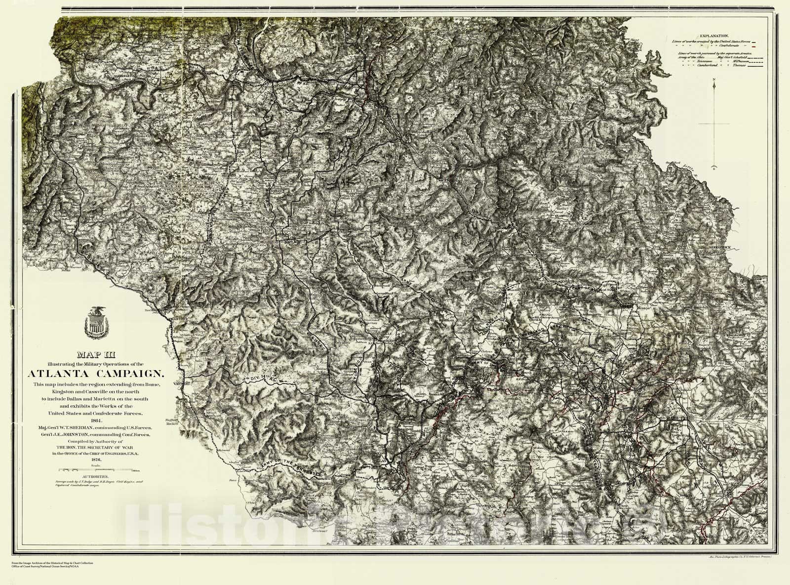 Historic Nautical Map - Atlanta Campaign, Region From Rome To Marietta, 3 Of 5, GA, 1876 NOAA Civil War - Vintage Wall Art