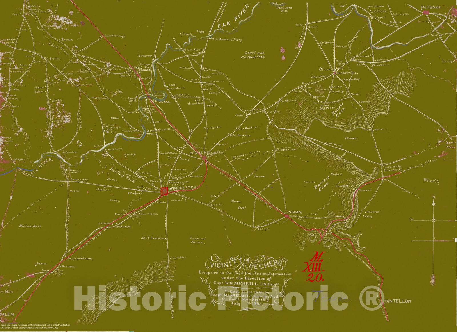 Historic Nautical Map Vicinity Of Decherd, TN, 1863 Civil War Histor