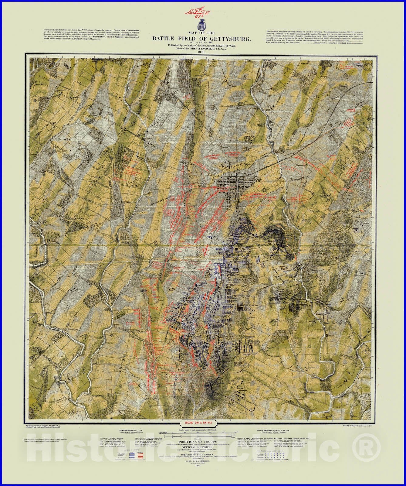 Historic Nautical Map - Map Of The Battlefield Of Gettysburg, Second Day'S Battle, PA, 1876 Civil War Historic Nautical Map - Vintage Wall Art