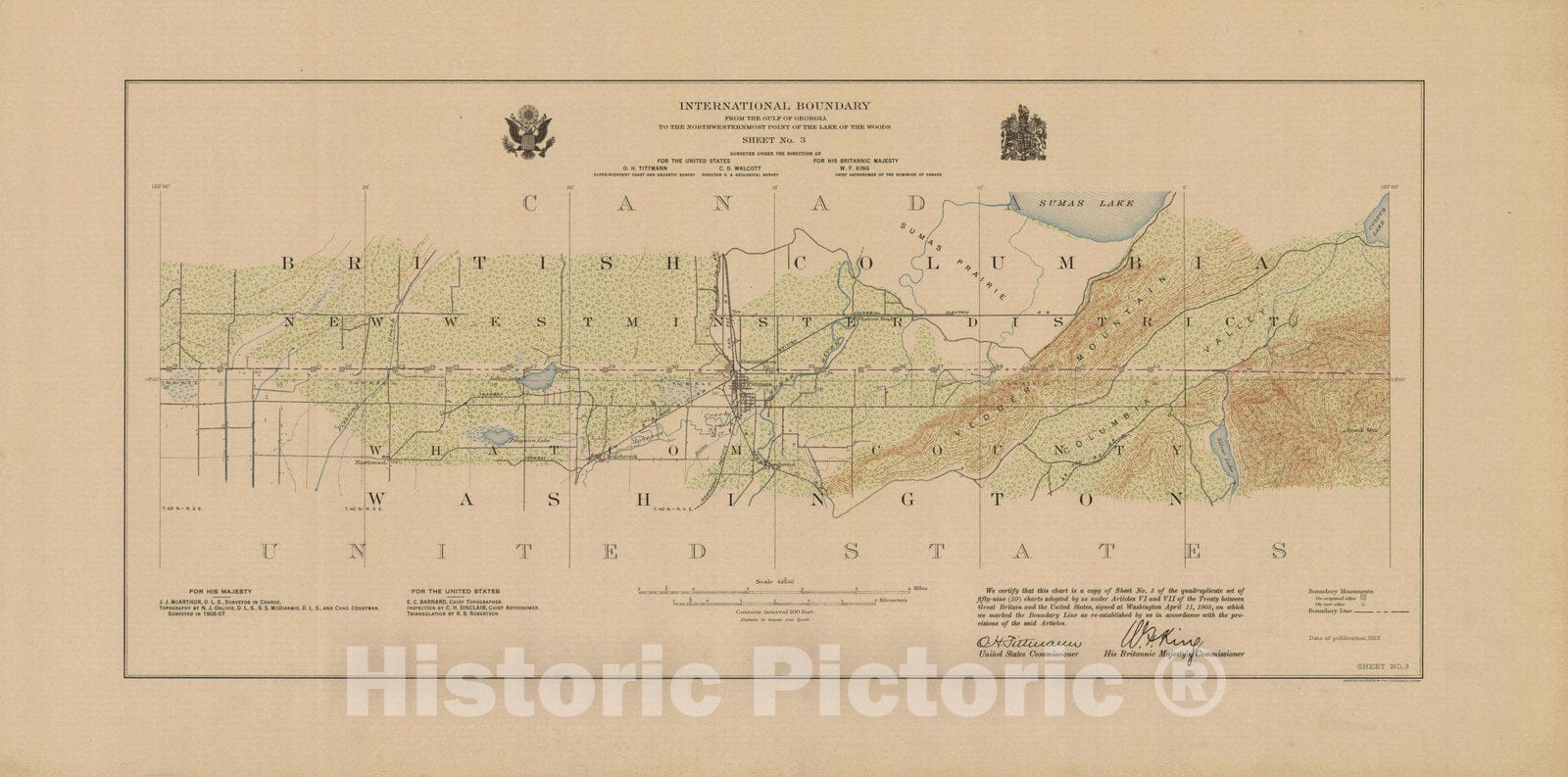 Historic Nautical Map - International Boundary, From The Gulf Of Georgia To The Northwestern Point Of The Lake To The Woods, Sheet No.3, WA, 1913 NOAA Topographic - Decor Poster Wall Art Reproduction - 0