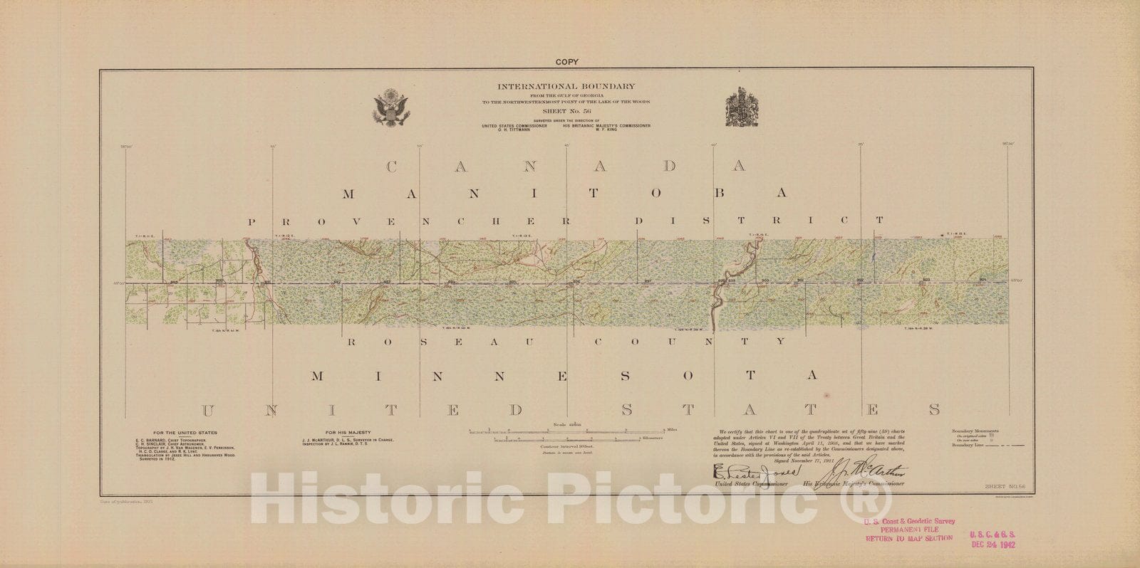 Historic Nautical Map - International Boundary, From The Gulf Of Georgia To The Northwestern Point Of The Lake To The Woods, Sheet No. 56, MN, 1921 NOAA Topographic - Vintage Poster Wall Art Reprint - 0
