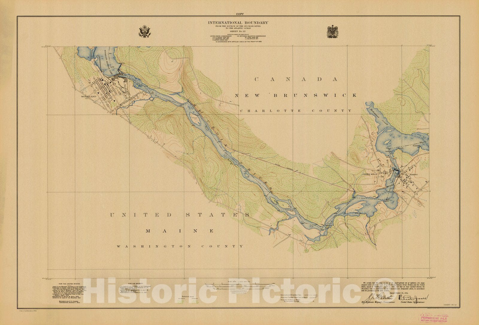 Historic Nautical Map - International Boundary, From The Source Of The St. Croix River To The Atlantic Ocean, Sheet No.12, ME, 1924 NOAA Topographic - Vintage Wall Art