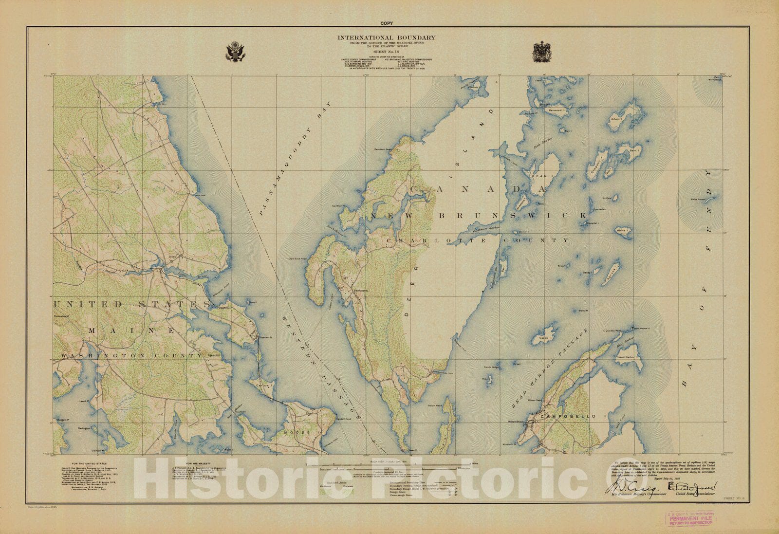 Historic Nautical Map - International Boundary, From The Source Of The St. Croix River To The Atlantic Ocean, Sheet No.16, ME, 1925 NOAA Topographic - Vintage Wall Art