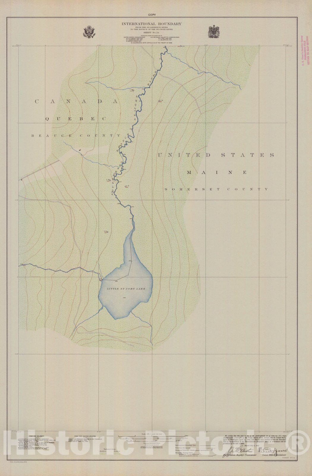 Historic Nautical Map - International Boundary, From The St. Lawrence River To The Source Of The St. Croix River, Sheet No. 24, ME, 1924 NOAA Topographic - Vintage Wall Art
