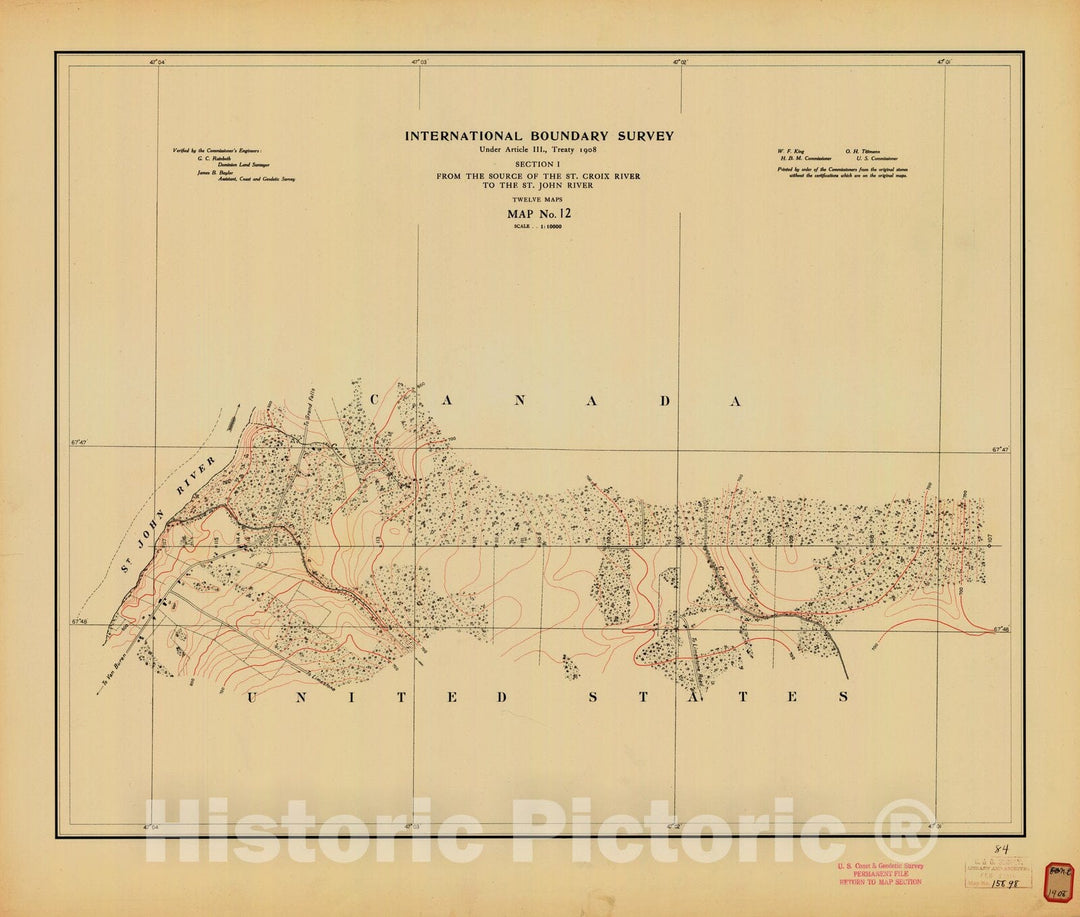 Historic Nautical Map - International Boundary, From The Source Of The St. Croix River To The St. John River, Survey Map No.12, ME, 1908 NOAA Topographic - Vintage Wall Art