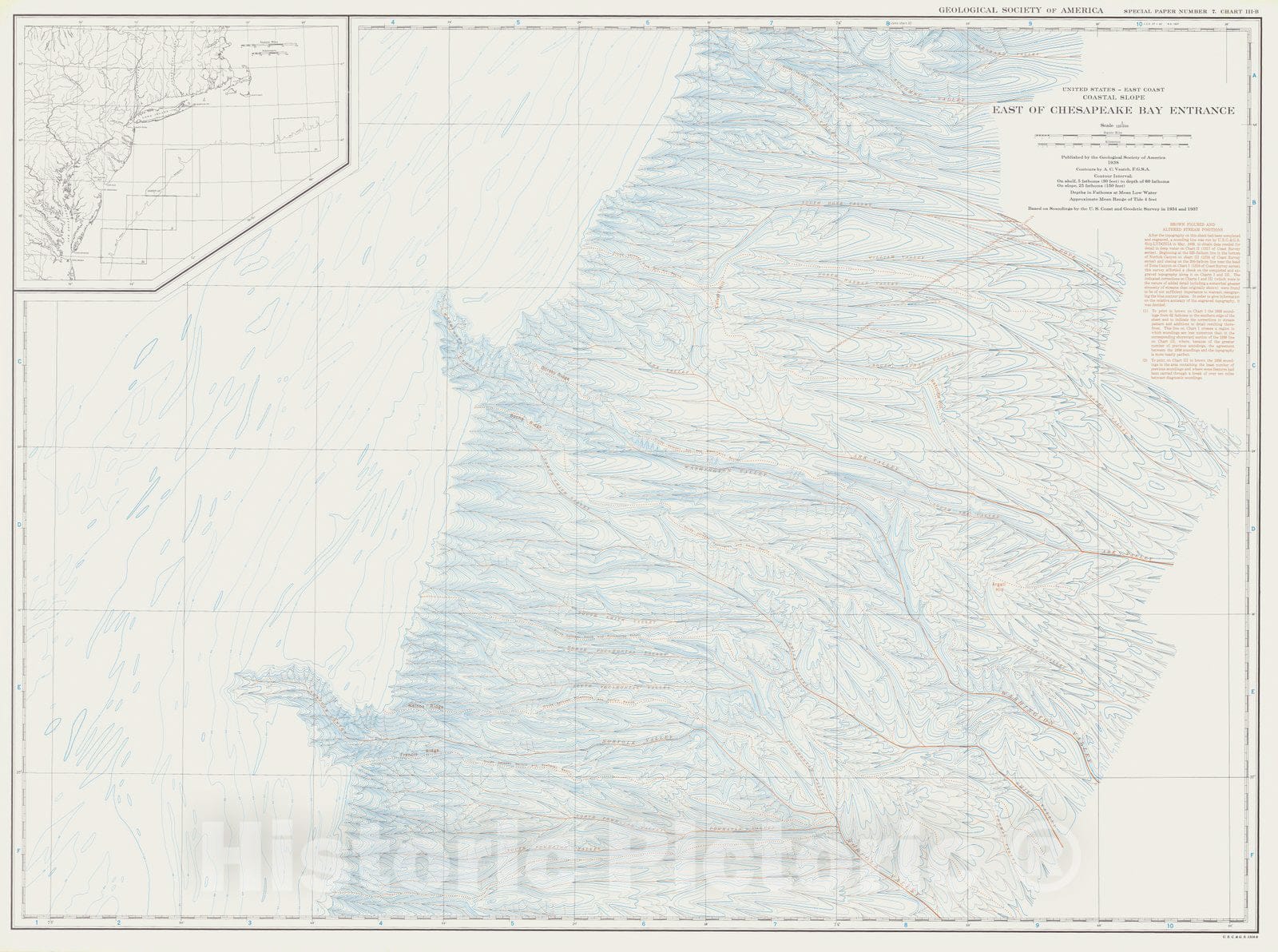 Historic Nautical Map - United States - East Coast Coastal Slope East Of Chesapeake Bay Entrance, USA, 1938 NOAA Bathymetric Historic Nautical Map - Vintage Wall Art, v2
