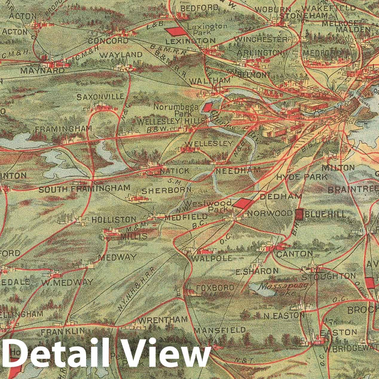 Historic Map : Greater Boston Transit Maps, Birds Eye View of Trolley Routes in New England 1905 Railroad Catography , Vintage Wall Art