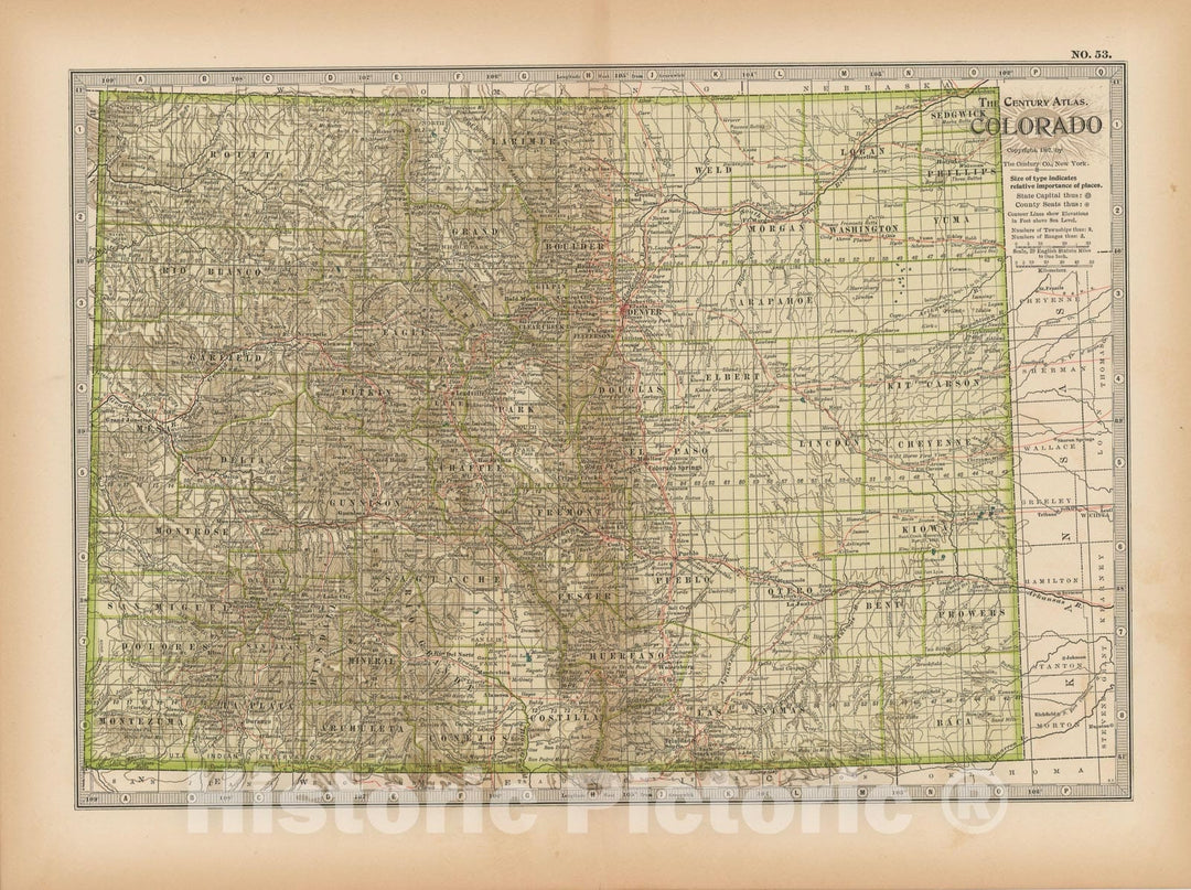 Historic Map : Colorado 1897 , The Century Atlas World , Vintage Wall Art