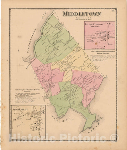 Historic Map : Atlas State of Rhode Island, Adamsville & Little Compton & Middletown 1870 , Vintage Wall Art