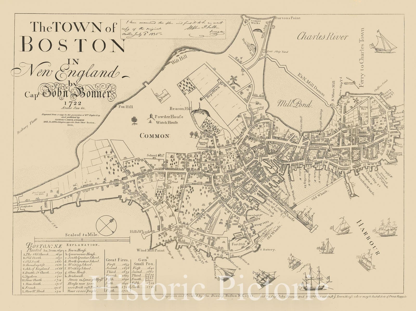 Historic Map : Town of Boston in New England by Capt. John Bonner 1722 , Vintage Wall Art